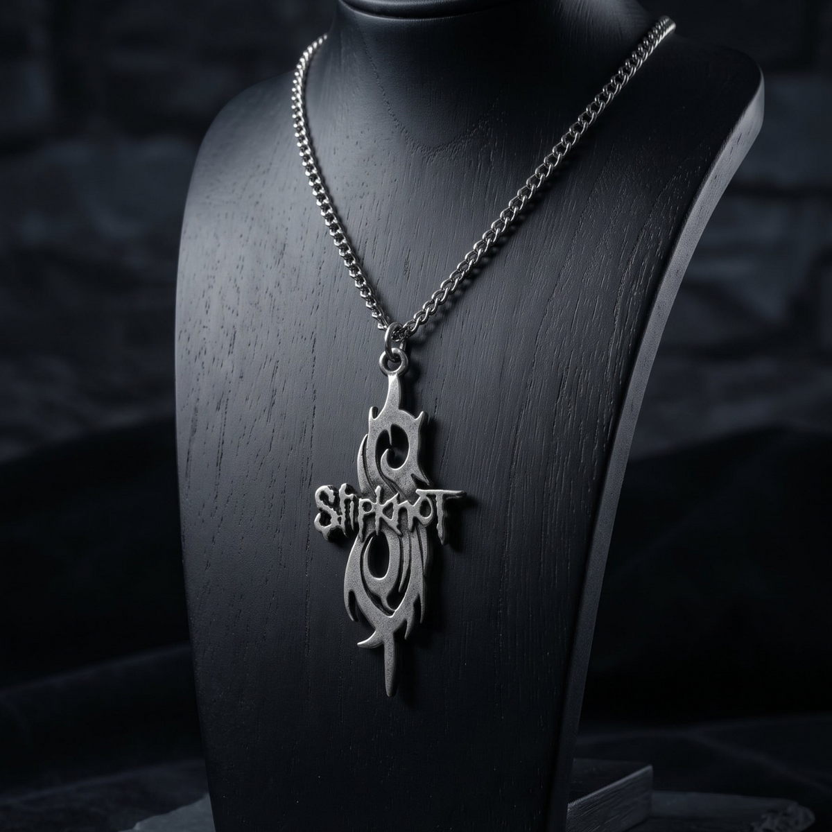 We Rock Slipknot Logo 2 necklace featuring a silver-toned metal pendant on a matching chain displayed on a bust