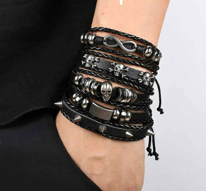 Multi-Layer Gothic Leather Wrap Bracelet Set