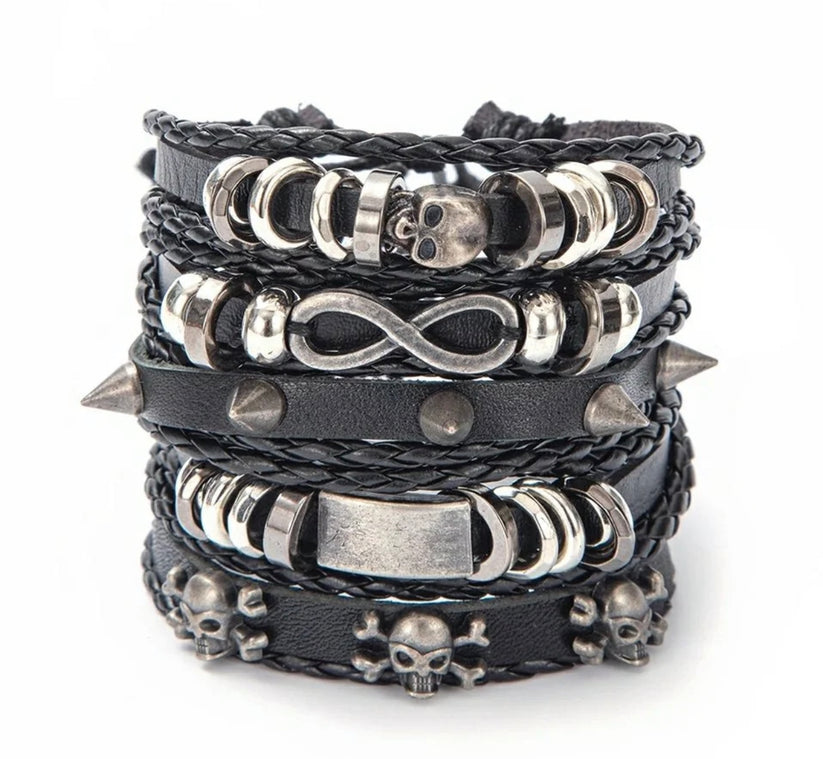 Multi-Layer Gothic Leather Wrap Bracelet Set