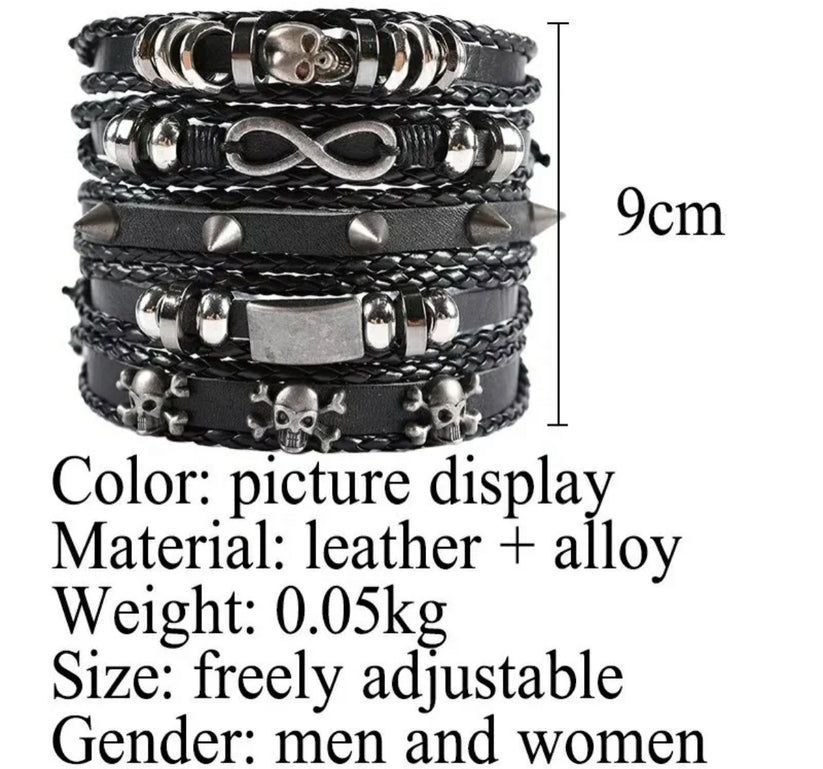 Multi-Layer Gothic Leather Wrap Bracelet Set