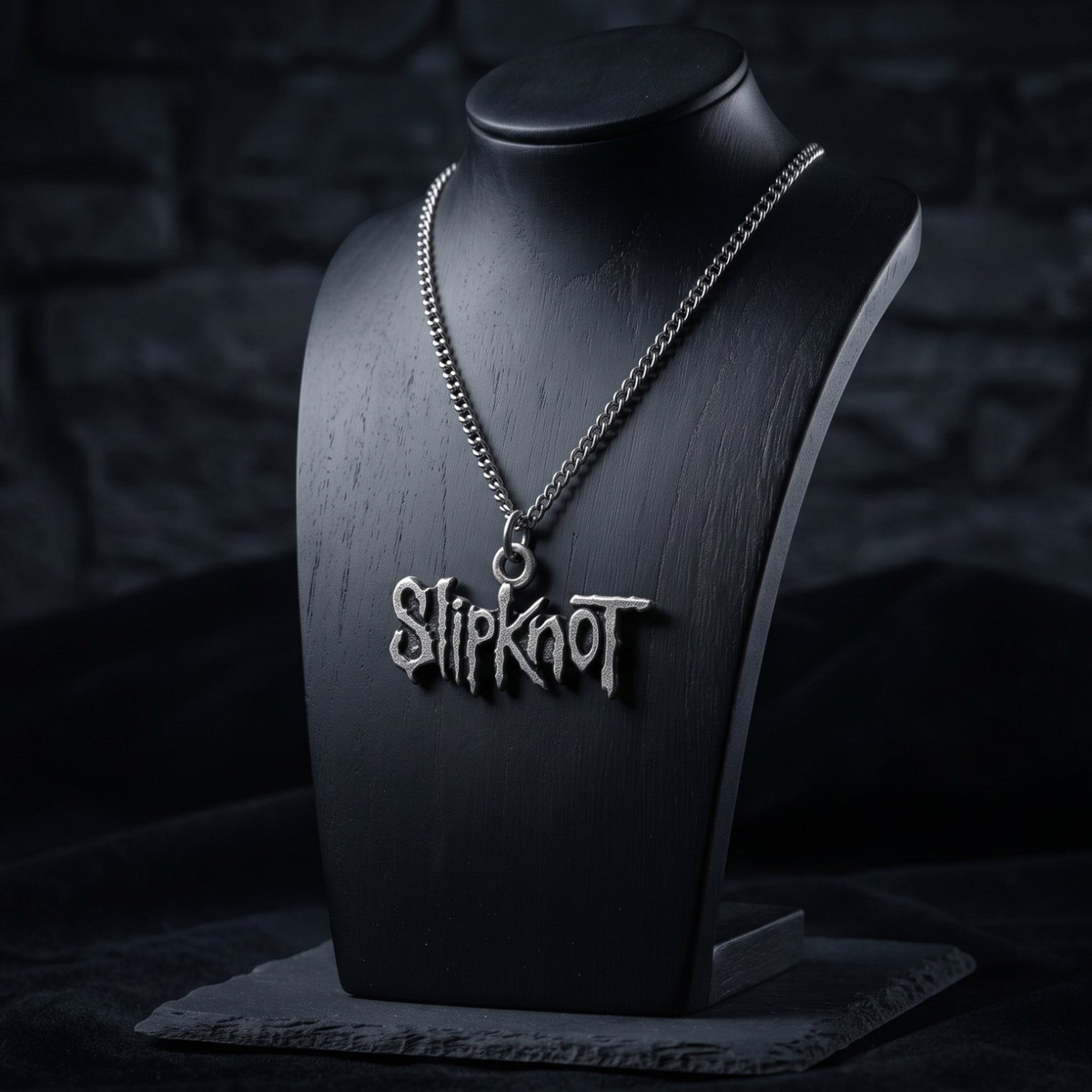 We Rock silver-toned Slipknot logo pendant necklace displayed on a black mannequin bust against a dark brick wall.