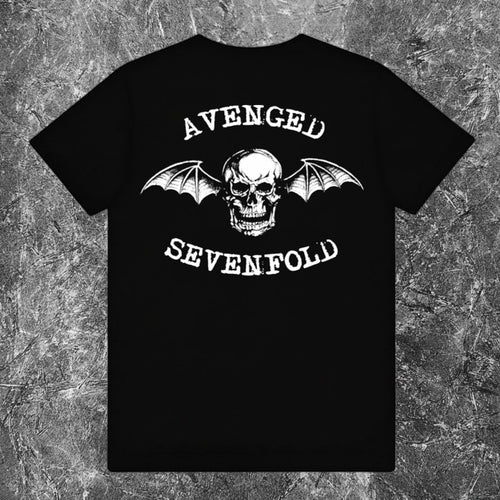 We Rock Avenged Sevenfold heavyweight black cotton t-shirt, back view against a textured grey background.
