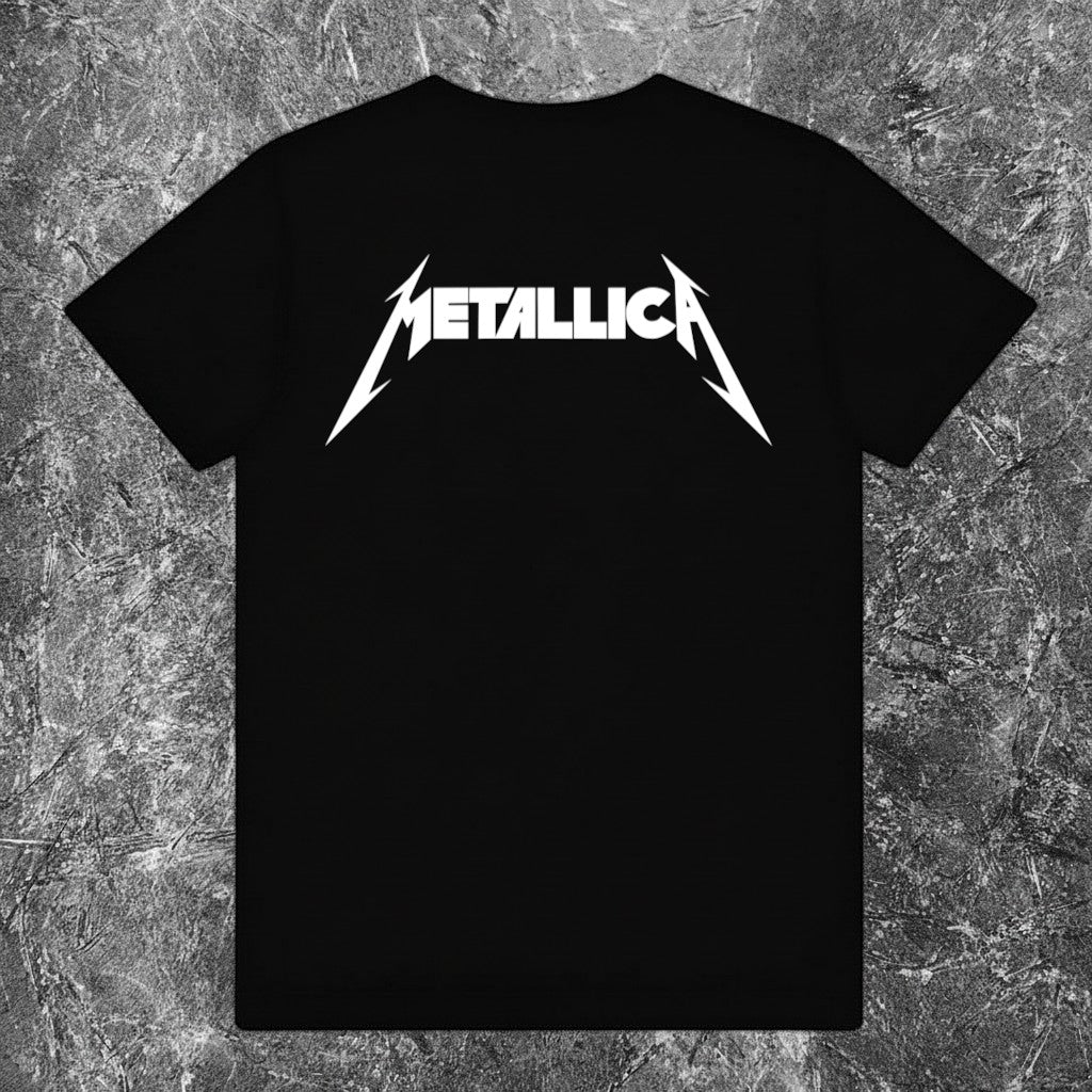 Back view of a plain black We Rock heavyweight 100% cotton t-shirt with a relaxed fit on a grey textured background.