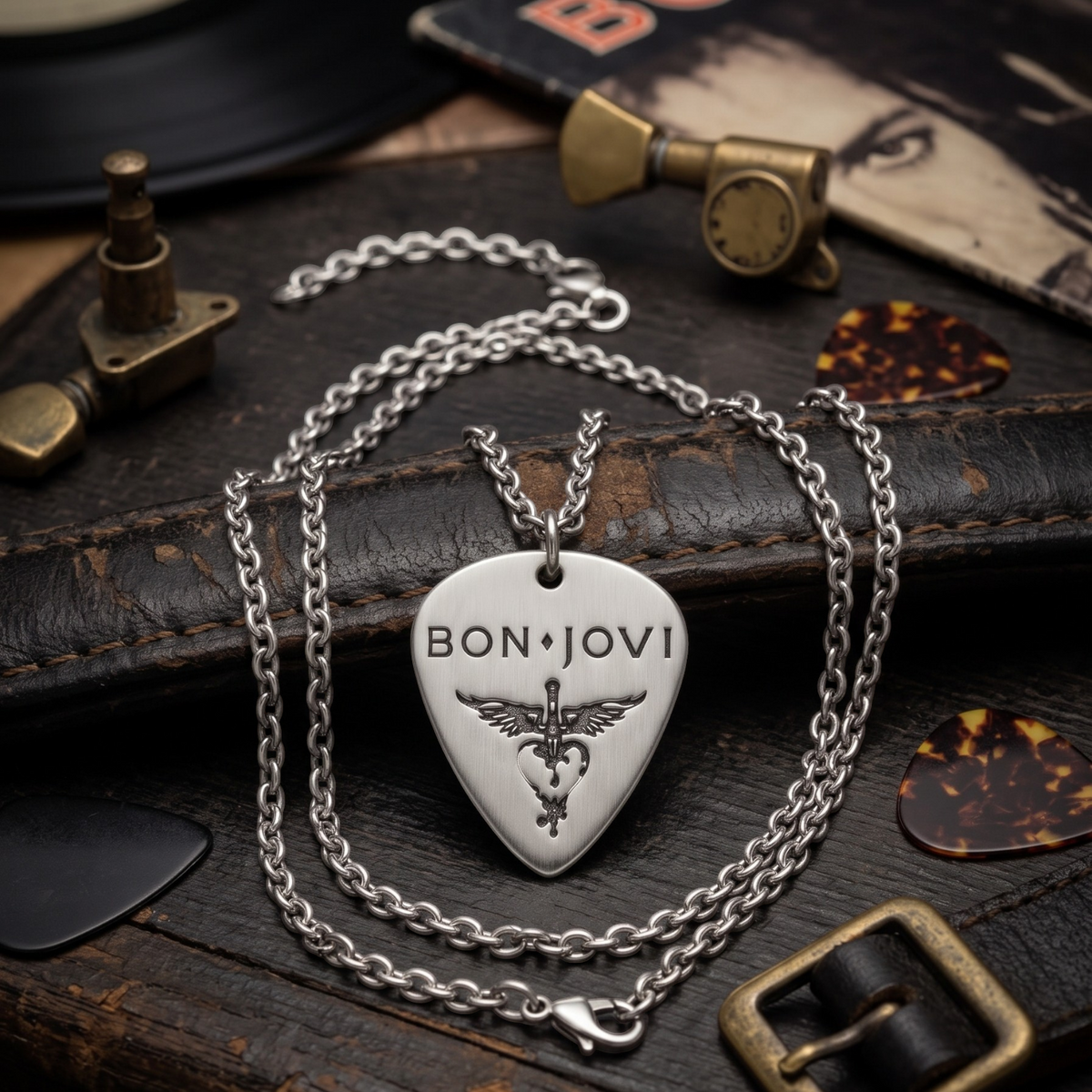 We Rock Bon Jovi guitar pick necklace in silver metal with winged heart logo on a rustic leather and vinyl background
