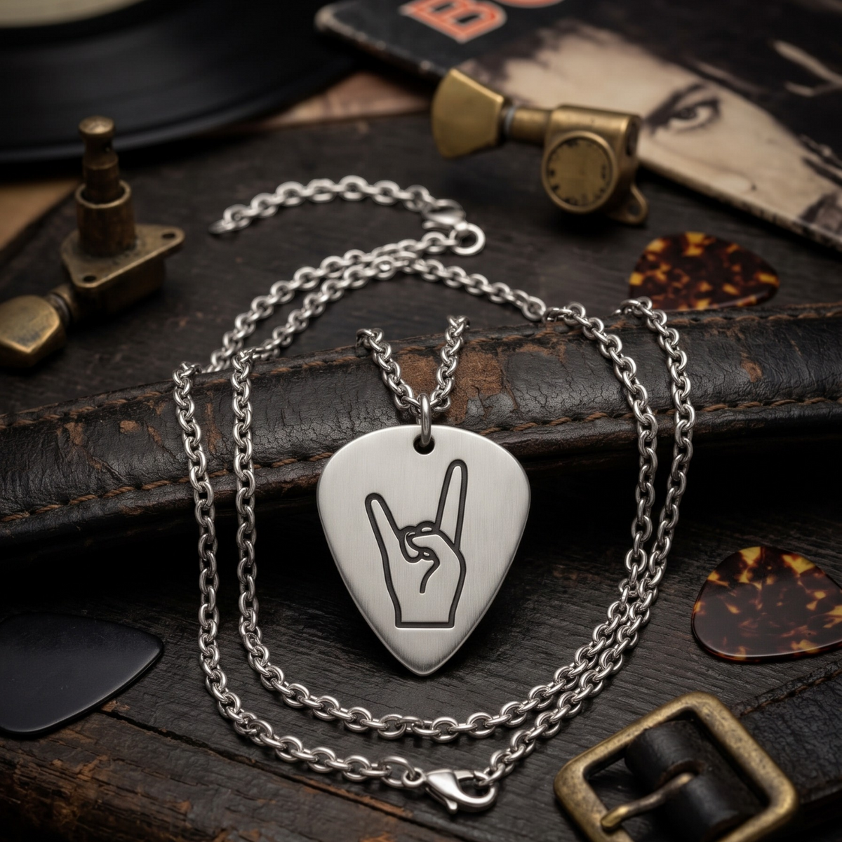 We Rock Bon Jovi guitar pick necklace in silver featuring a rock hand sign engraving on a vintage leather background.