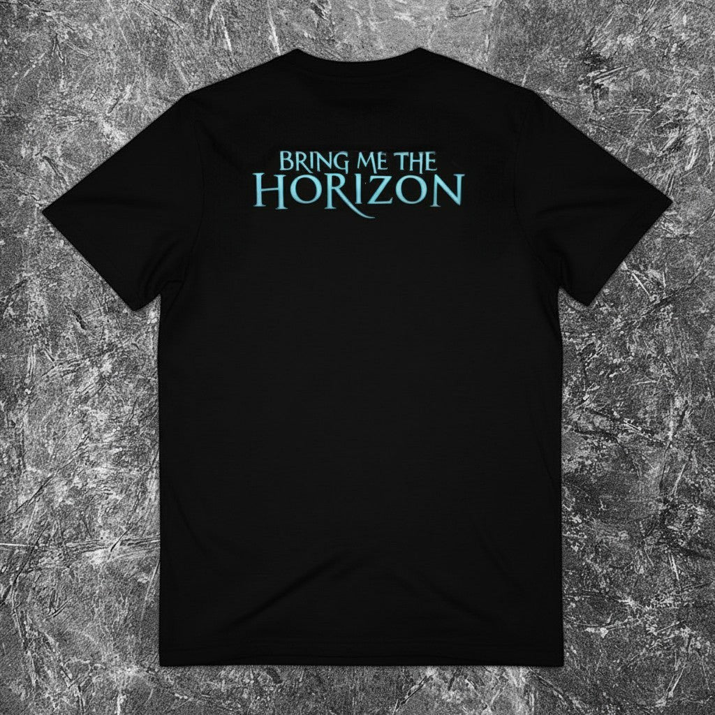 We Rock Bring Me The Horizon black cotton t-shirt featuring a pink and blue band logo graphic on the back