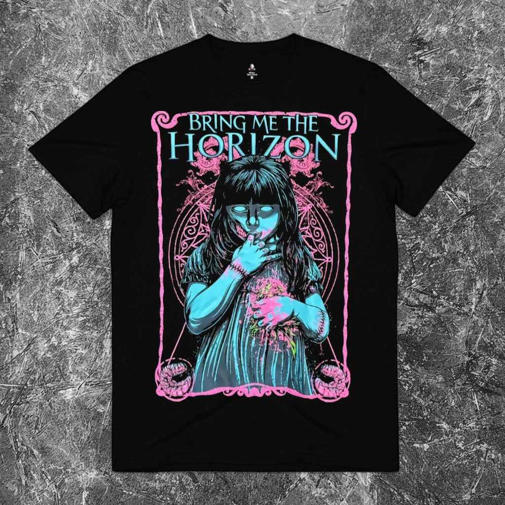 We Rock Bring Me The Horizon Parasite Girl black heavyweight cotton band t-shirt with pink and blue graphic print