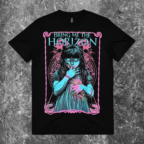 We Rock Bring Me The Horizon Parasite Girl black heavyweight cotton band t-shirt with pink and blue graphic print