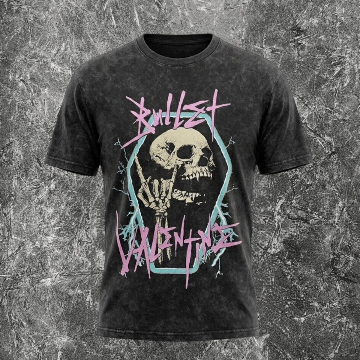 We Rock Bullet For My Valentine vintage-washed black heavyweight cotton band t-shirt with skull graphic print