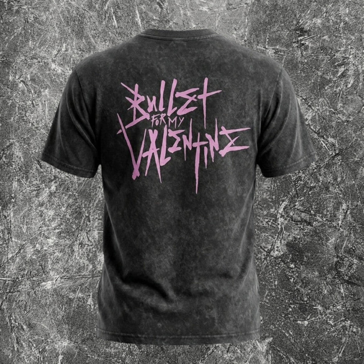 We Rock Bullet For My Valentine band t-shirt in vintage-washed black heavyweight cotton with pink back graphic