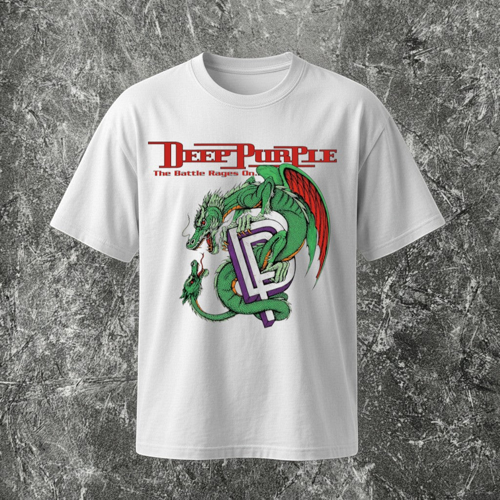 We Rock white heavyweight cotton t-shirt featuring a Deep Purple The Battle Rages On dragon graphic print