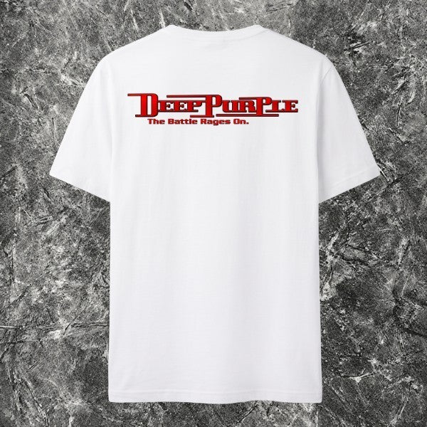 We Rock white 100% cotton heavyweight t-shirt featuring the Deep Purple The Battle Rages On graphic on the back