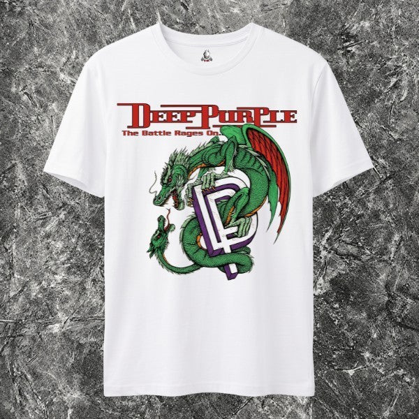 We Rock white heavyweight cotton t-shirt featuring a Deep Purple The Battle Rages On dragon graphic print