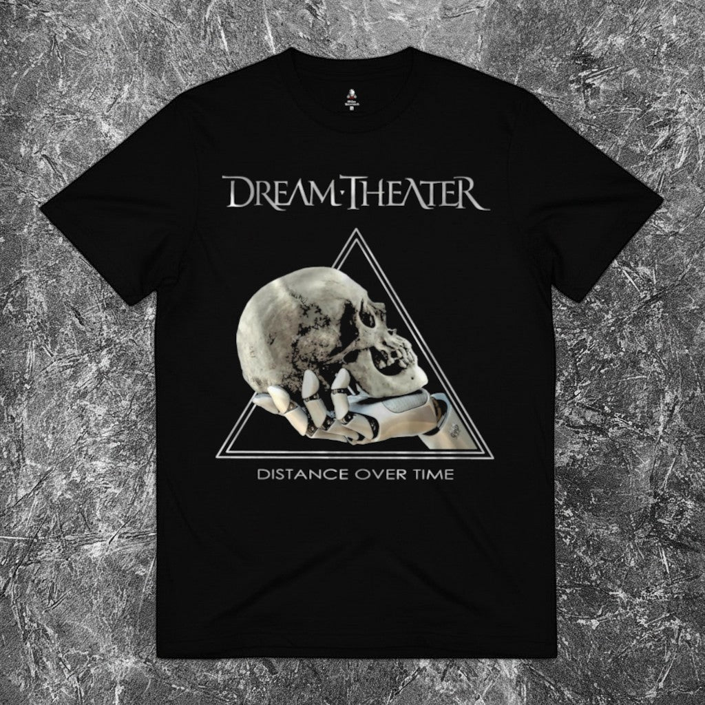We Rock black Dream Theater Distance Over Time album t-shirt on a textured grey background