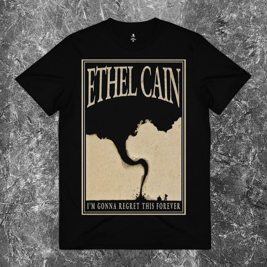 We Rock Ethel Cain black heavyweight cotton t-shirt featuring a vintage-style tornado graphic and bold text.