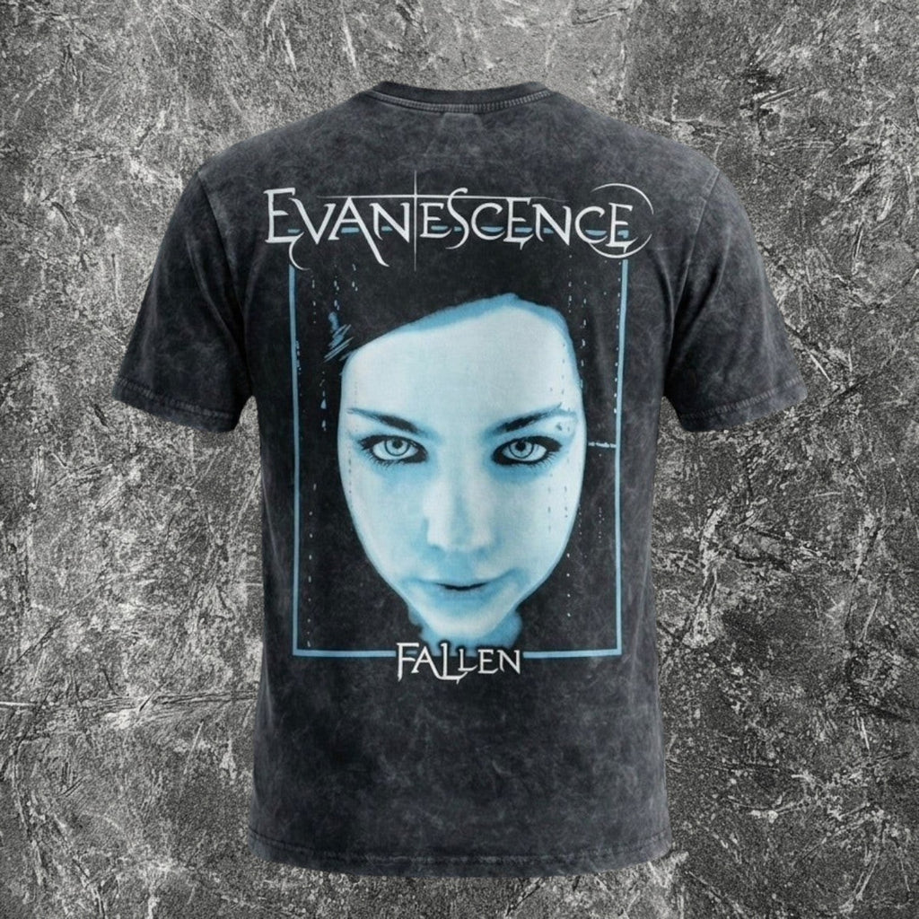 We Rock Evanescence Fallen band t-shirt in black heavyweight cotton with a vintage-washed finish and back graphic.