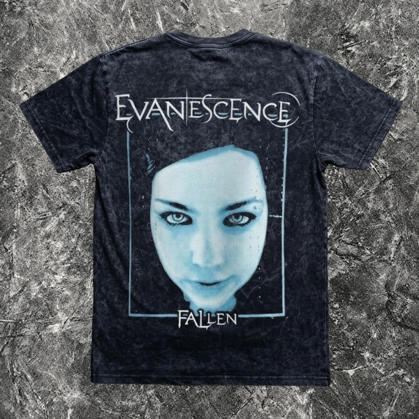 We Rock Evanescence Fallen band t-shirt in vintage-washed black heavyweight cotton with a detailed graphic print.
