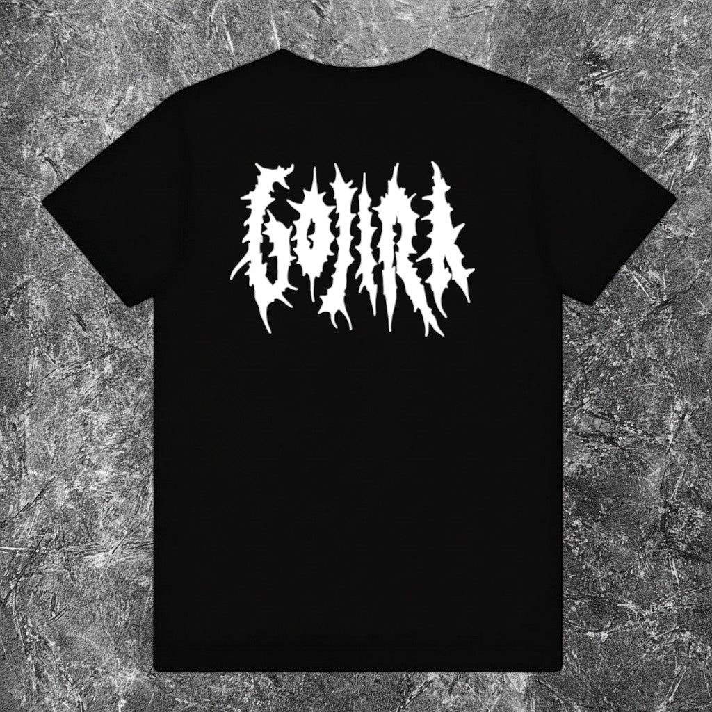 We Rock Gojira Flying Whale graphic t-shirt in black heavyweight 100% cotton with a bold white band logo print