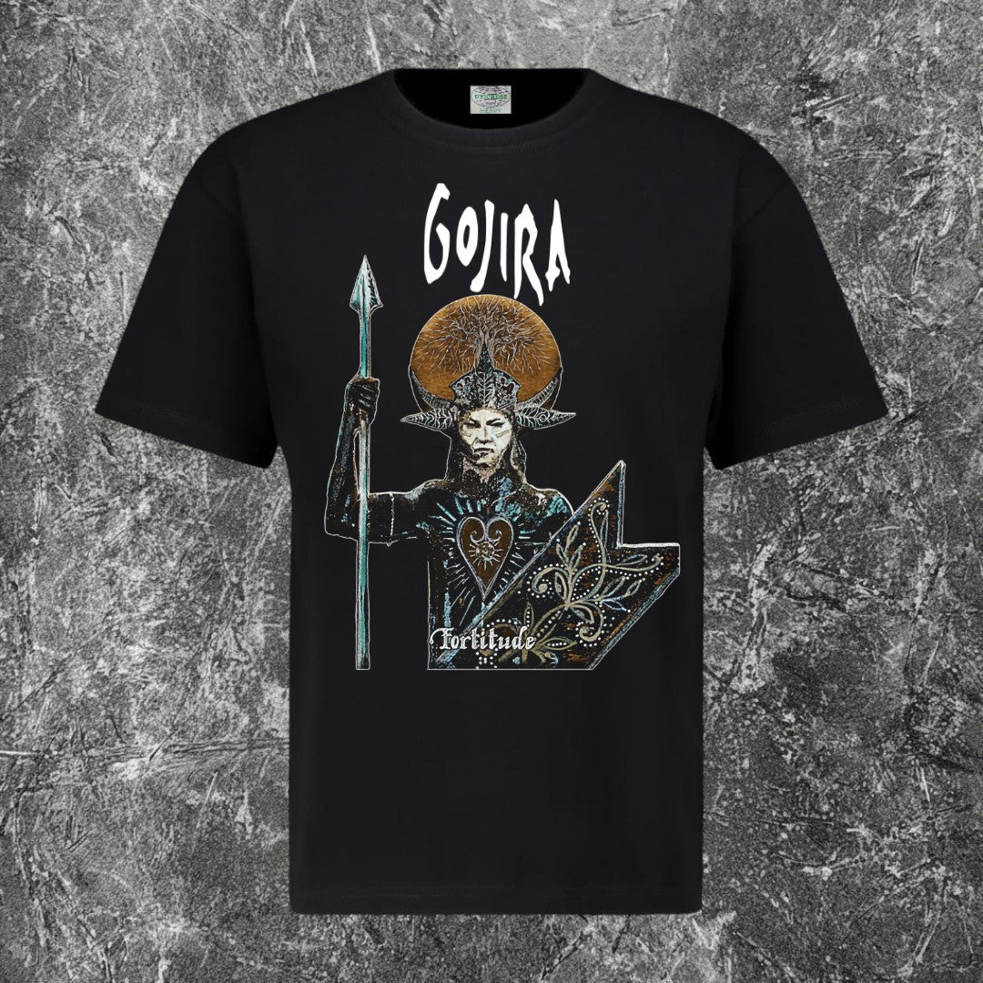 We Rock black cotton Gojira Fortitude band t-shirt featuring a warrior illustration with a spear and shield