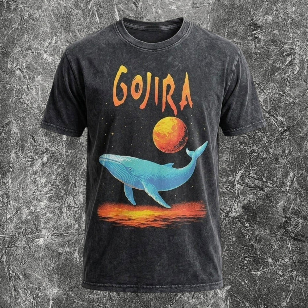 We Rock Gojira Flying Whale band t-shirt in vintage-washed black heavyweight cotton with a detailed graphic print.