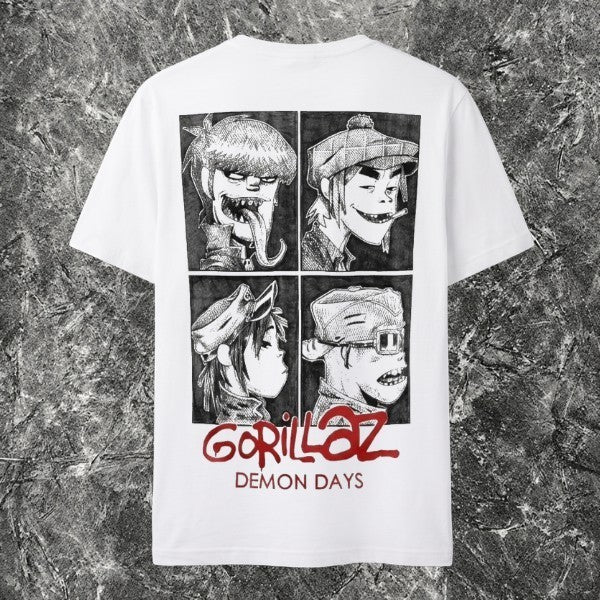 We Rock white heavyweight cotton t-shirt featuring a black and white Gorillaz Demon Days mascot graphic on the back.