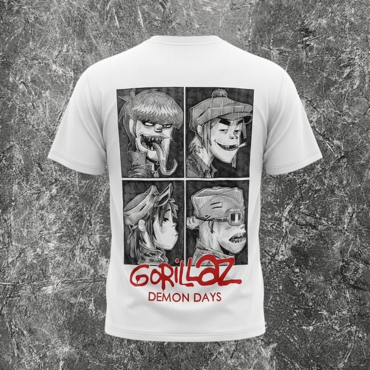 We Rock Gorillaz Demon Days white heavyweight cotton t-shirt with a bold black and white band mascot graphic print