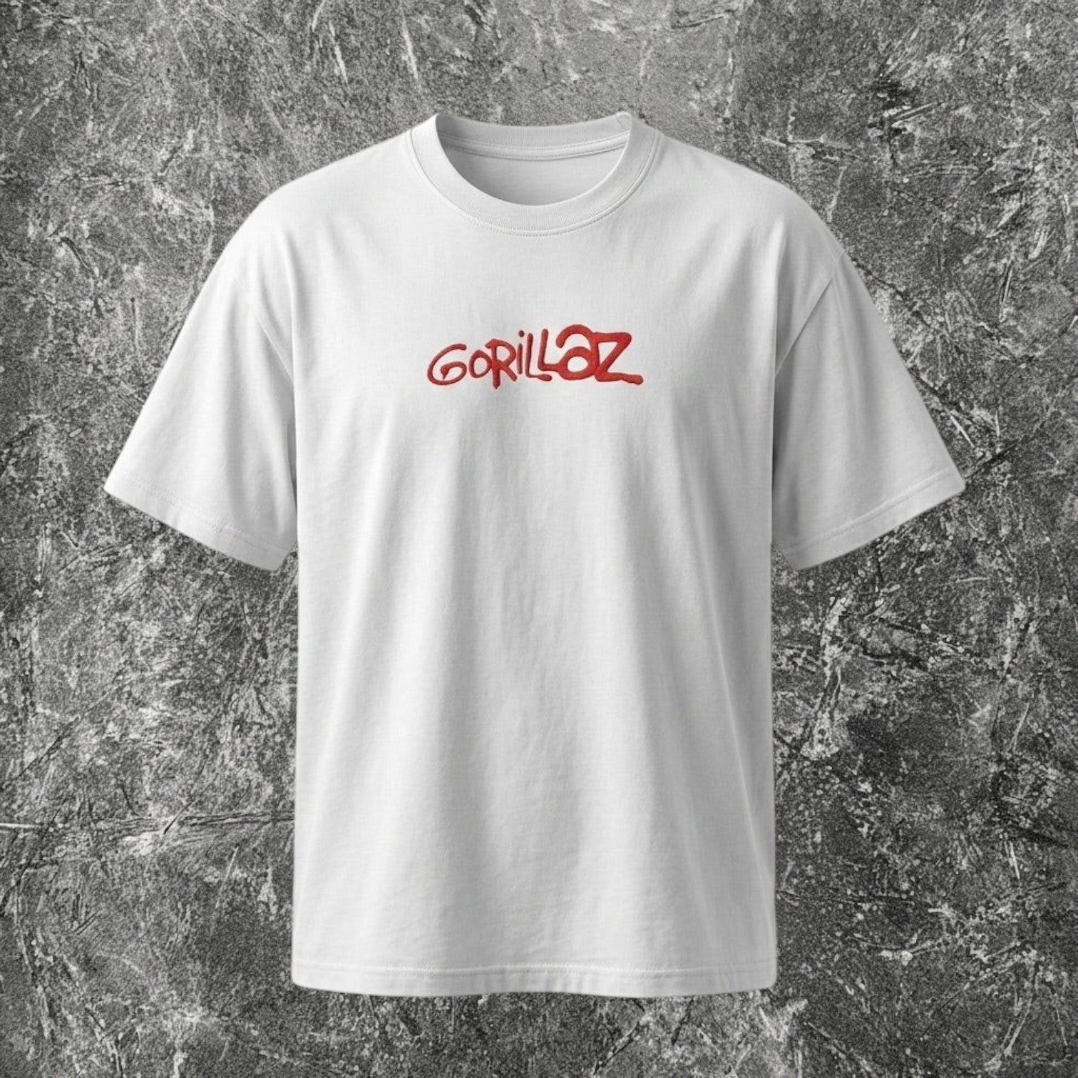 We Rock white heavyweight 100% cotton Gorillaz graphic t-shirt with a relaxed fit and red logo print