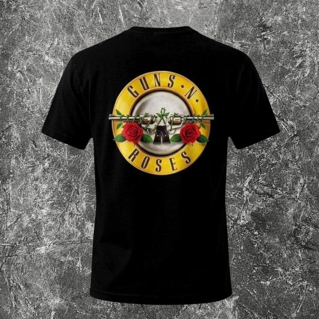 We Rock Guns N Roses vintage-washed black heavyweight cotton band t-shirt with iconic logo graphic on the back