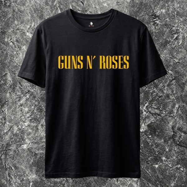 We Rock vintage-washed black heavyweight cotton Guns N Roses band t-shirt with yellow logo print