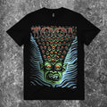We Rock heavyweight black cotton t-shirt with a vintage-washed finish and relaxed fit on a textured grey background