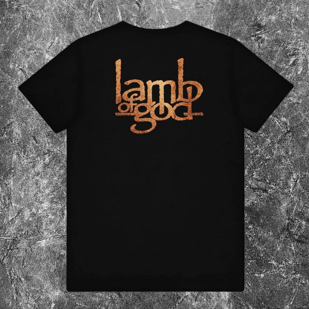 We Rock Lamb of God black heavyweight cotton t-shirt with a metallic textured logo print on the back