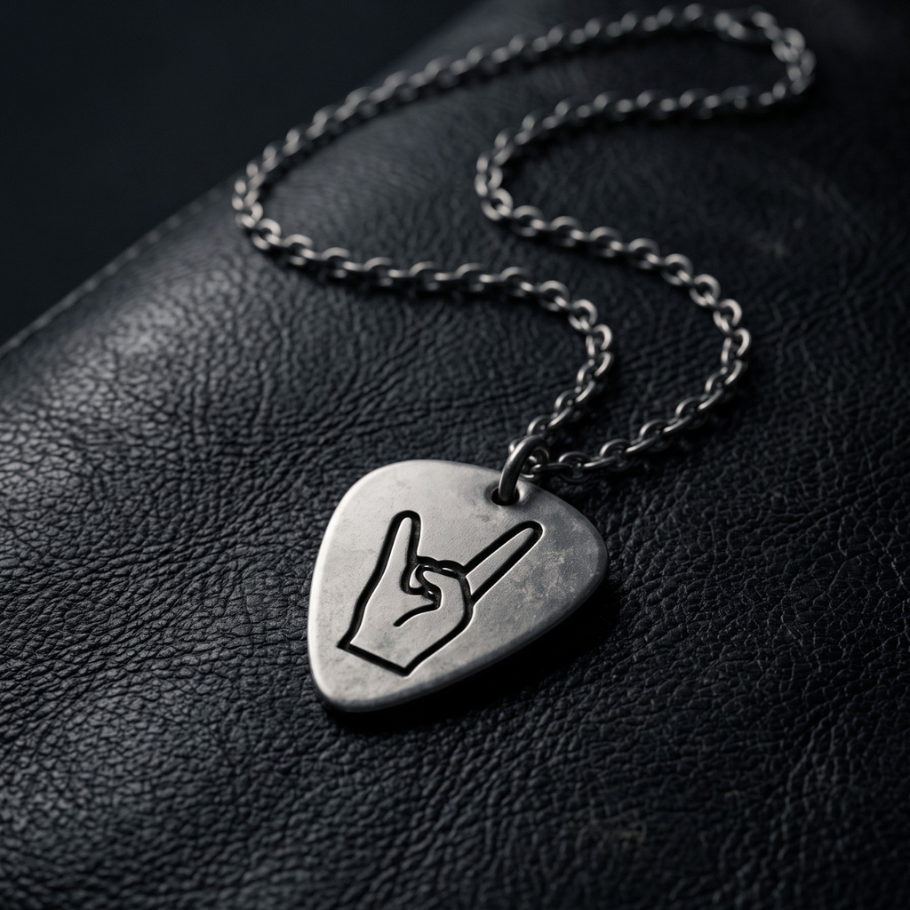 We Rock LED ZEPPELIN guitar pick necklace featuring a metal pick with a rock hand sign on a silver chain