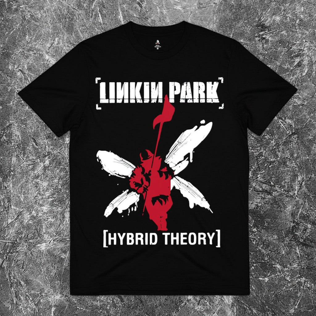 We Rock Linkin Park Hybrid Theory black heavyweight cotton t-shirt with red and white graphic print