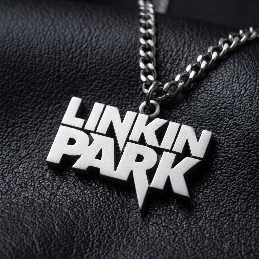 We Rock silver-tone Linkin Park logo pendant necklace on a black textured leather background