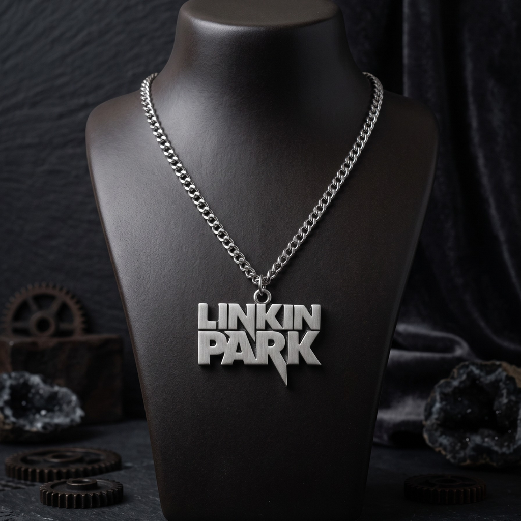We Rock silver Linkin Park logo pendant necklace on a black display bust with industrial gear accents