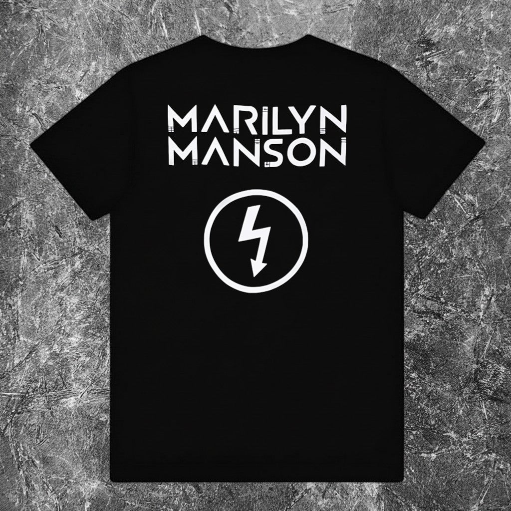 We Rock Marilyn Manson House of Blues black heavyweight cotton graphic t-shirt with white lightning bolt logo