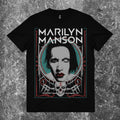 We Rock Marilyn Manson graphic t-shirt featuring a bold portrait, skull, and House of Blues concert details.