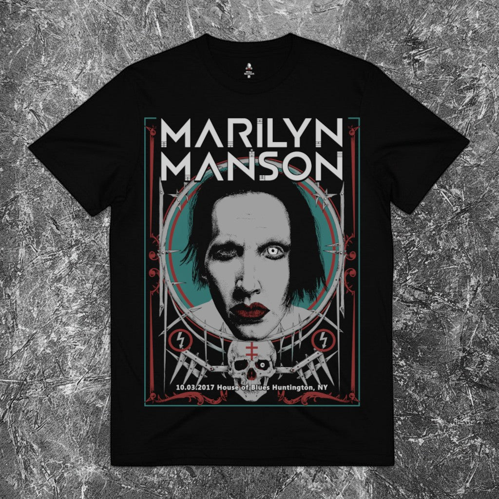 We Rock Marilyn Manson graphic t-shirt featuring a bold portrait, skull, and House of Blues concert details.