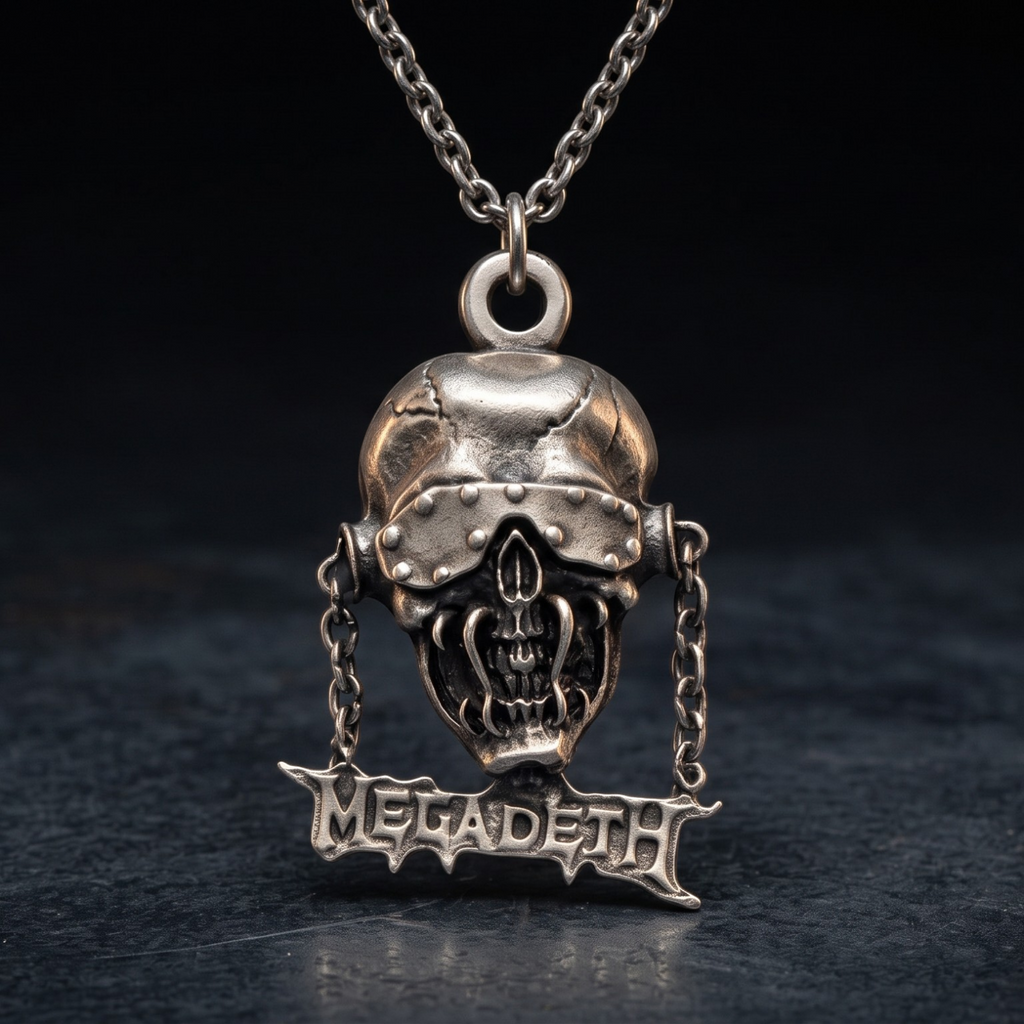 We Rock Megadeth necklace featuring a detailed silver skull pendant with chains and the band logo on a dark background