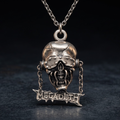 We Rock Megadeth necklace featuring a detailed silver skull pendant with chains and the band logo on a dark background