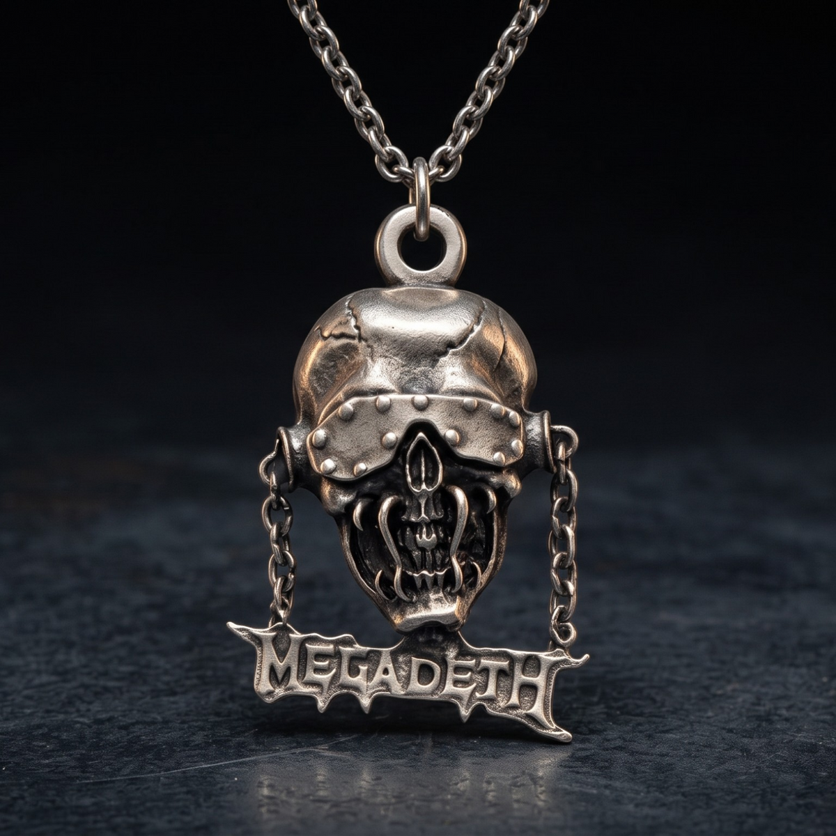 We Rock Megadeth necklace featuring a detailed silver skull pendant with chains and the band logo on a dark background
