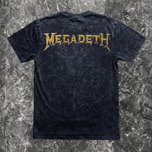 We Rock Megadeth vintage-washed black heavyweight cotton band t-shirt with gold logo print on the back
