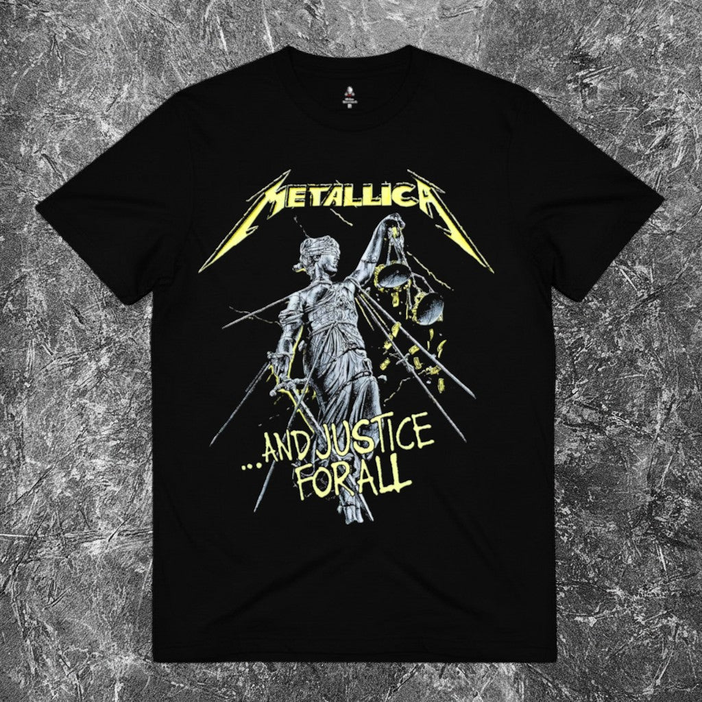 We Rock Metallica And Justice for All black graphic t-shirt featuring Lady Justice artwork and yellow logo text
