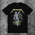 We Rock Metallica And Justice for All black graphic t-shirt featuring Lady Justice artwork and yellow logo text