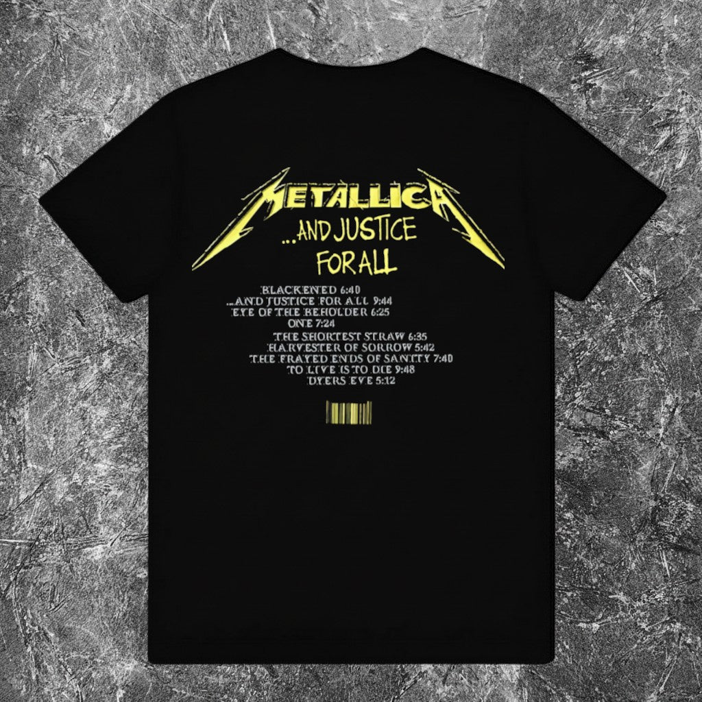 We Rock black Metallica And Justice for All t-shirt featuring yellow album tracklist graphic on the back