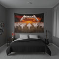 We Rock Metallica Master of Puppets tapestry hanging above a bed in a modern grey bedroom with a lava lamp.