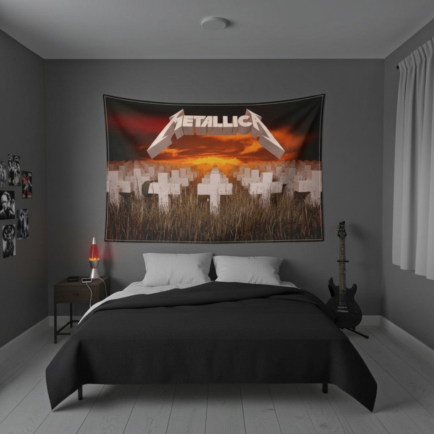 We Rock Metallica Master of Puppets tapestry hanging above a bed in a modern grey bedroom with a lava lamp.