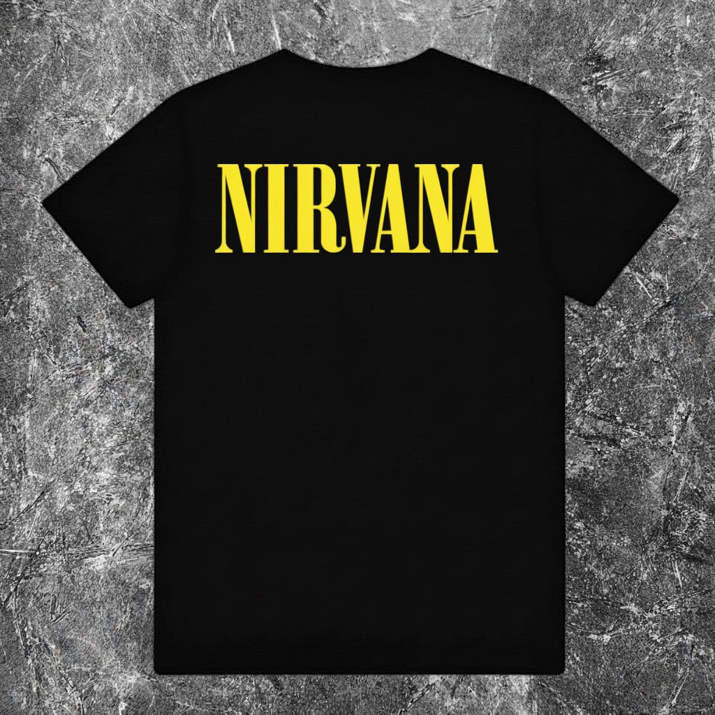 We Rock black heavyweight cotton Nirvana t-shirt with yellow logo print on the back