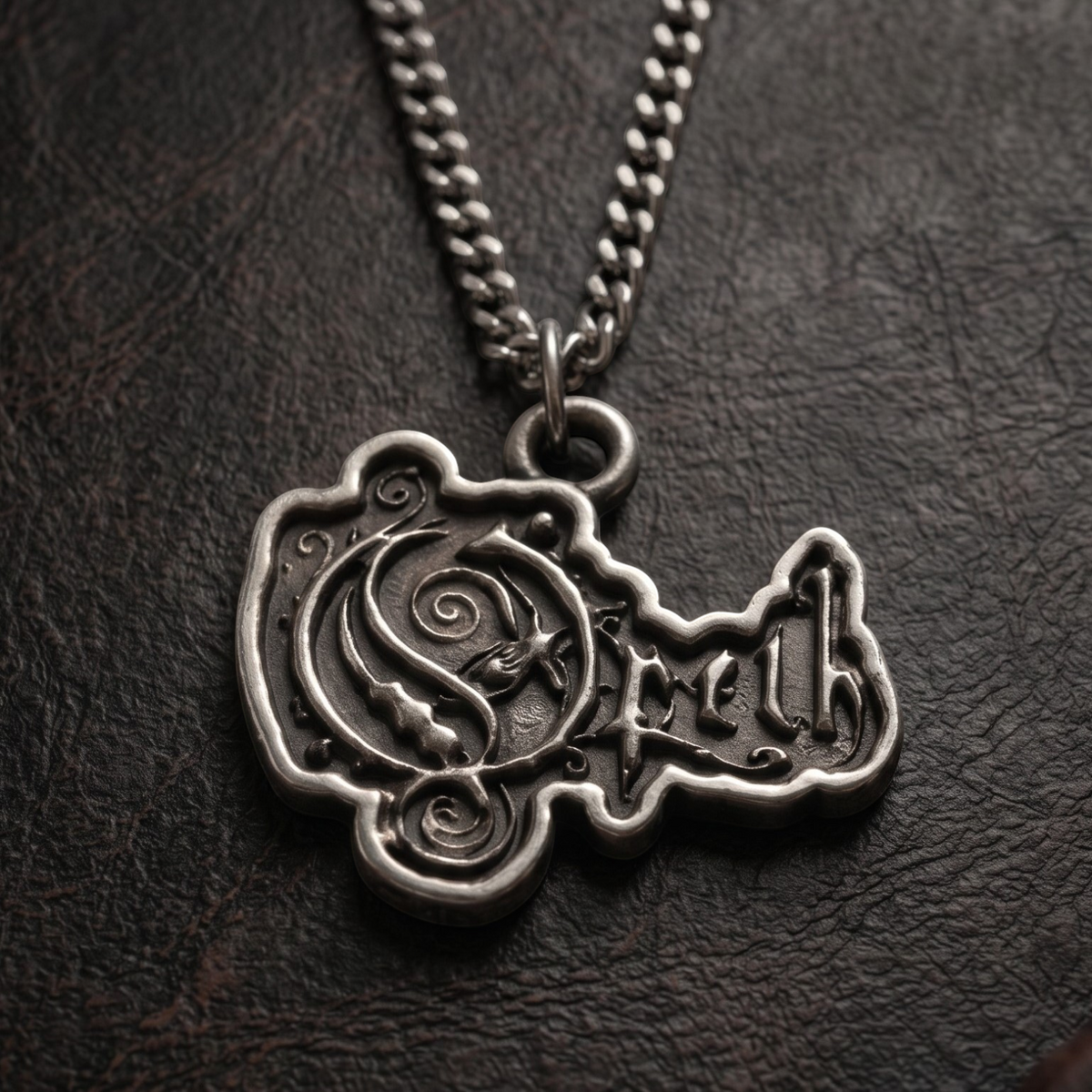 We Rock Opeth logo pendant necklace in antique silver finish with intricate metal detailing on a dark leather surface