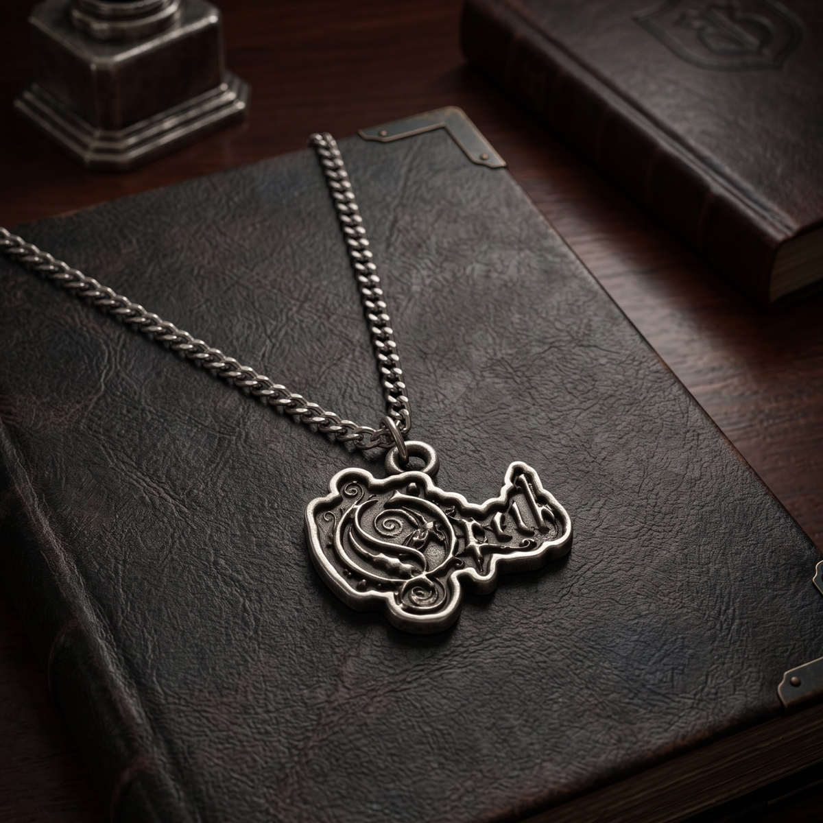 We Rock Opeth logo pendant necklace in brushed silver metal resting on a vintage leather-bound book